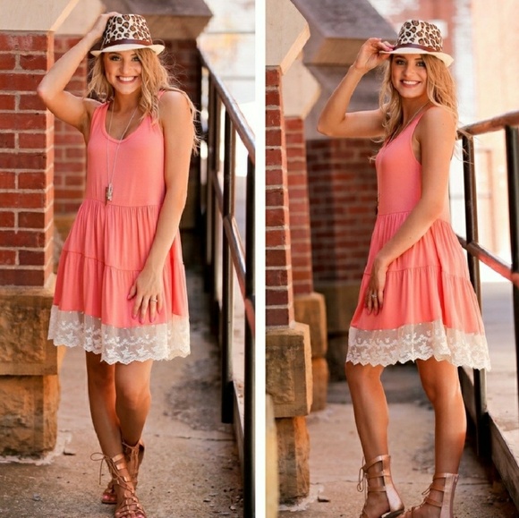 Coral Lace Trimmed Sleeveless Dress - Picture 2 of 3